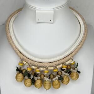 Chico's Pineapple Charm Beaded Bib Collar Necklace Braided Cord Gold ✨